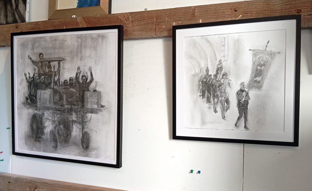 charcoal art in studio, of Burgundy winemakers.